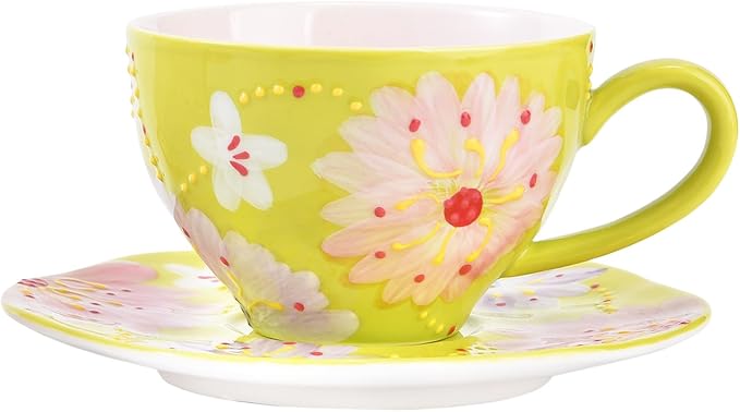 Adorable Bunny-Themed Pink Ceramic Cup & Saucer Set，7oz hand-painted ceramic Perfect for fairy tea parties, birthday gifts, parties, Christmas, and New Year. (Green)