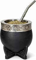 Yerba Mate Cup Set with Straw (Bombilla), Imperial Argentina-Style Mate Cup with Stainless Steel Interior, Alpaca Silver Band and Steel Rim, Handmade with Traditional Argentino Craft