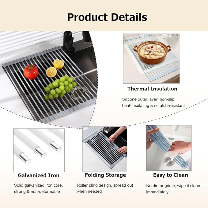 Roll Up Dish Drying Rack，Kitchen Silicone Wrapped Rolling Dish Drainer，Multipurpose Foldable Over The Sink Drying Mat, Heat-Resistant Anti-Slip Drainage Mat(Pink,43x33cm/16.9x13.0in)