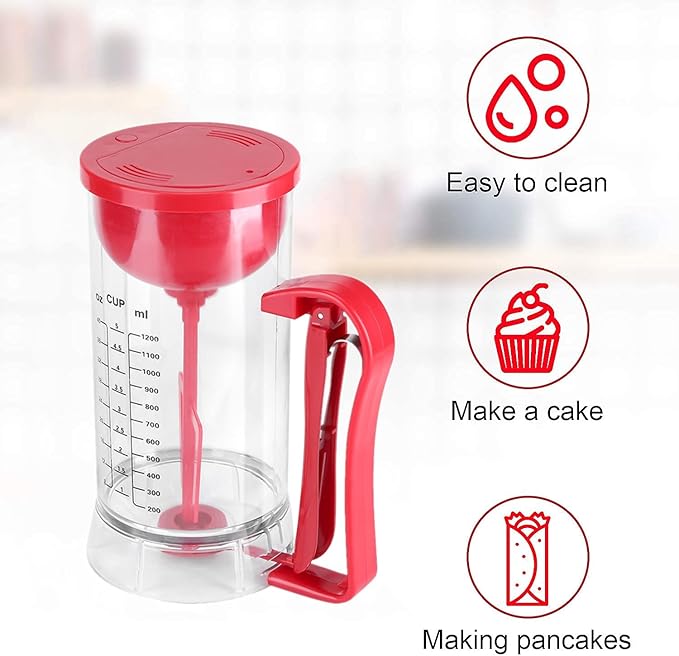 Pancake Batter Dispenser Electric Mixer Separator for Cupcakes, Waffles, Cookies, Clear Marks, 40.58oz, Clear/Red