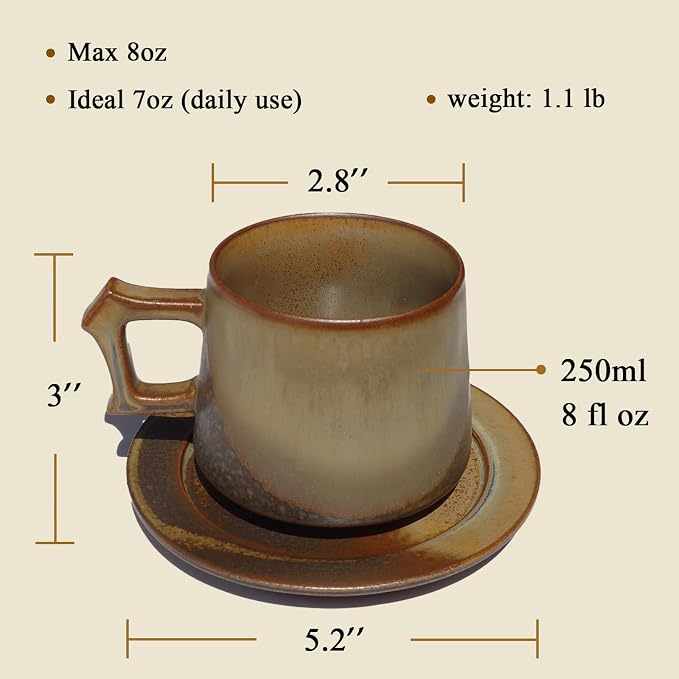 8oz Rustic Glaze Stoneware Coffee Cup & Saucer, Vintage Ceramic Mug Set, Microwave & Dishwasher Safe, Novelty Aesthetic Tea Cup, Unique Gifts Men and Women