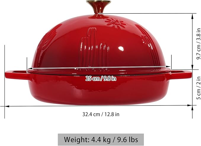 Flavehc Cast Iron Bread Oven With Cloche Lid for Baking - Red Enameled Dutch Oven With Dome Lid for Sourdough - 5 qt
