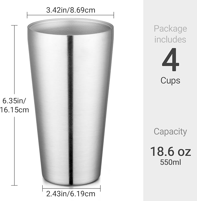 Beasea Stainless Steel Cups 19 oz, 4 Pack Large 18.6oz 550ml Stainless Steel Water Drinking Tumbler Stackable Double Wall Insulated Metal Pint Glasses Tin Cups for Home Party Camping