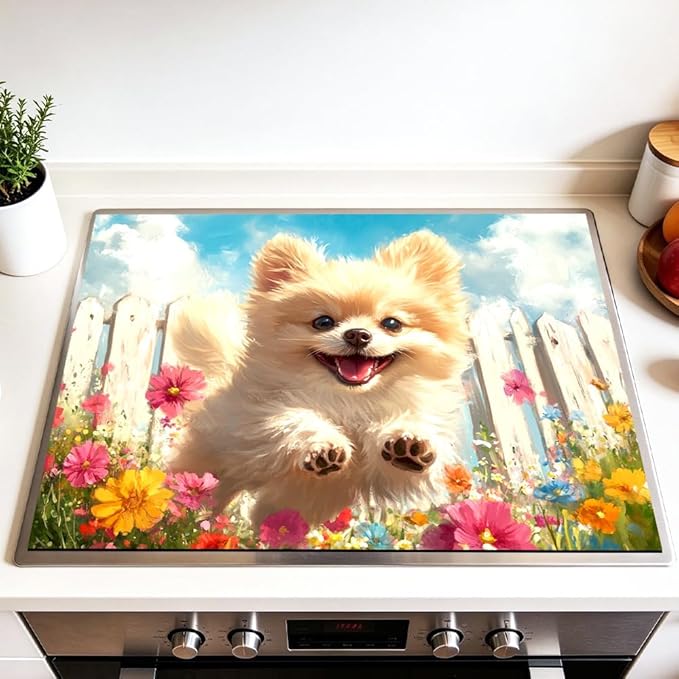 Stove Top Cover for Electric Stove 28.35 x 20.47 Inch Non Slip Stove Mat Pomeranian Puppy Floral Glass Cooktop Protector Kitchen Counter Mat