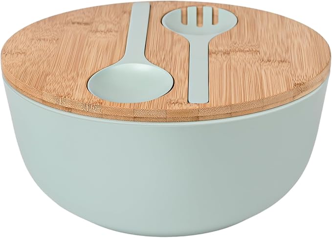 LOVYANXUE Bamboo Fiber Salad Bowl with Servers Set Large 9.8inches Nature Bamboo Mixing Bowl with Servers with Lid Spoon and Fork for Fruits,Salads and Vegetables