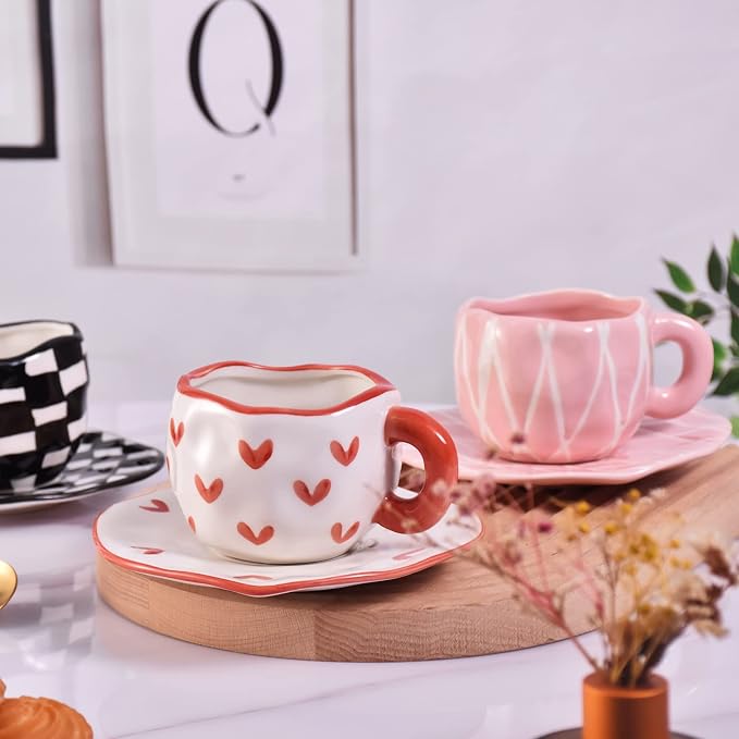 Koythin Ceramic Coffee Mug with Saucer Set, Cute Creative Cup Unique Irregular Design for Office and Home, Dishwasher and Microwave Safe, 10 oz/300 ml for Latte Tea Milk (Red Heart)