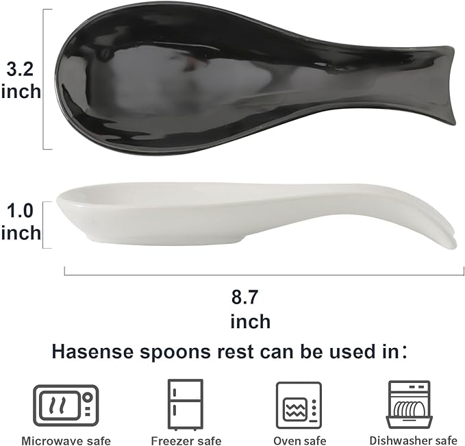 Ceramic Spoon Rest for Stove Top, Large 8.7 Inch Spoon Holder for Kitchen Counter,Porcelain Utensil Rest for Ladle,Spatula,Housewarming Gift,Dishwasher Safe and Heat-Resistant,White and Black,Set of 2