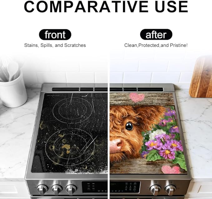 Stove Top Cover for Electric Stove 28.4 x 20.5 Inch Non Slip Stove Mat Oil Proof Floral Highland Cow Glass Cooktop Protector Kitchen Counter Mat