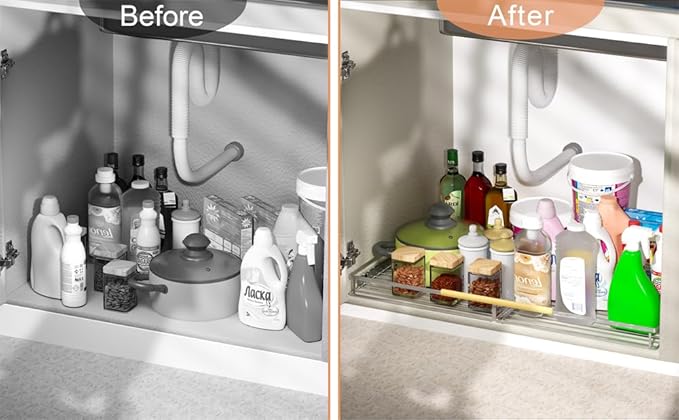 SANNO Pull Out Cabinet Organizer,Expandable Slide Out Shelf, Bottom-Mounted Sliding Shelf Under Sink Shelf, Expandable Shelves with Sliding for Kitchen Cabinets Under Sink,3