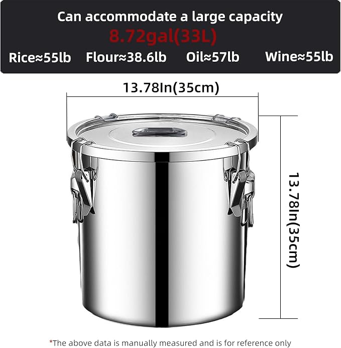 304 stainless steel food storage containers with lids lock clips airtight container large airtight for rice flour sugar grain coffee bean storage containers Kitchen jar (8.72gal/33L)