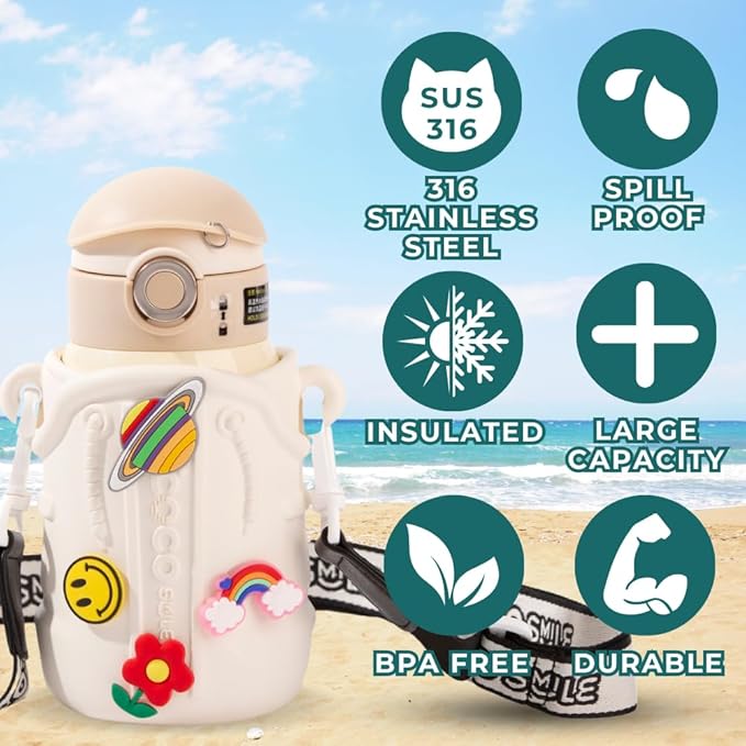 Cocosmile Croc Charm Kids Water Bottle with Silicon Sleeve - Kids Water Bottles for School Boys Girls, Thermal Insulated Stainless-Steel Cup, BPA Free Travel Bottle (Without Straw)