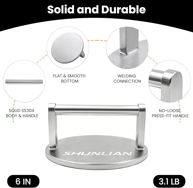 3.1lb Smash Burger Press 6" Stainless Steel Burger Smasher Tool | 1 Year Warranty | Heavy Weight | Dishwasher Safe | Stainless Steel | Solid & Buil To Last | Versatile Kitchen Cooking Press
