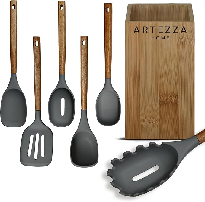 French Press Coffee Maker 650ml/22oz & 7-Piece Grey Silicone Utensil Set with Bamboo Holder – An Exquisite Culinary Ensemble for Coffee Enthusiasts and Culinary Artisans