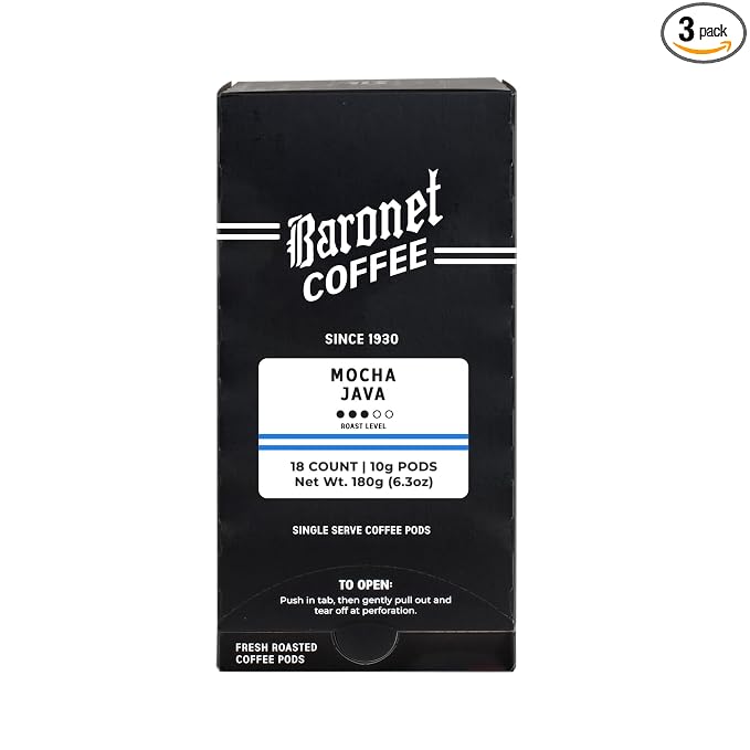 Baronet Coffee Pods [Mocha Java-54 Pods] Flavored Single Cup Use, Like Senseo, [3 Boxes of 18 Single Serve 10 Gram] Regular Strength, Medium Roast [Mocha Java]