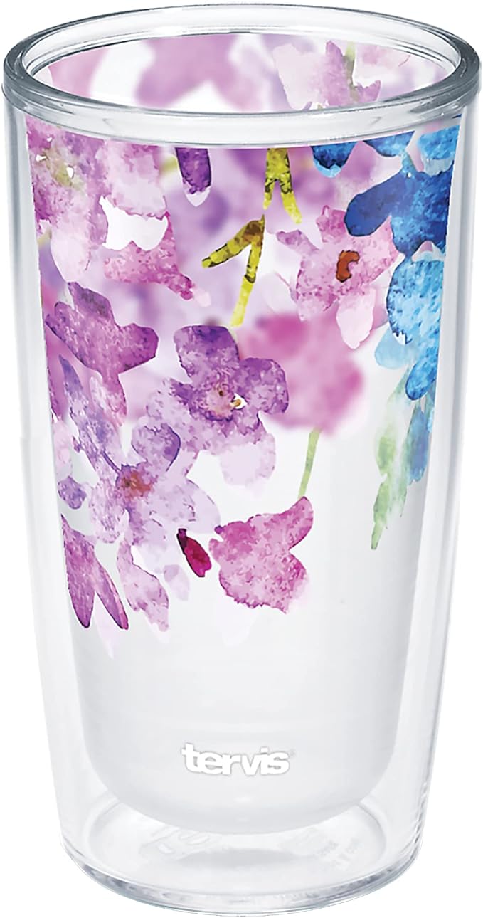 Tervis Made in USA Double Walled Watercolor Floral Purple - Crystal Insulated Tumbler Cup Keeps Drinks Cold & Hot, 16oz, Watercolor Lilacs
