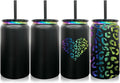 4 Pack Glass Cups with Lids and Straws, 16 oz Stainless Steel Cups, Insulated Skinny Tumbler, Powder Coated Travel Tumblers for Laser Engrave, Iced Coffee Cup for Smoothie Water DIY Gift(Black,4 pack)