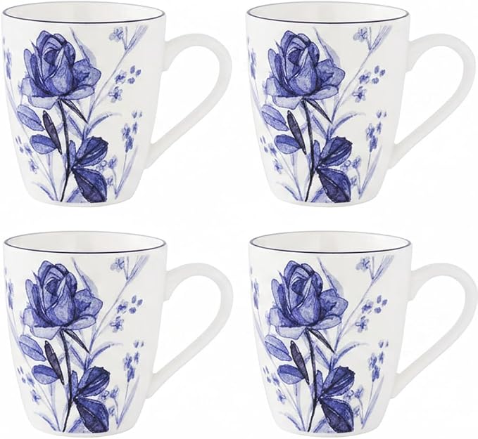 Lorren Home Trends Floral Rose Coffee Mug Set of 4, 12 Oz, Microwave and Dishwasher Safe, Bone China (DARK BLUE)