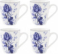 Lorren Home Trends Floral Rose Coffee Mug Set of 4, 12 Oz, Microwave and Dishwasher Safe, Bone China (DARK BLUE)