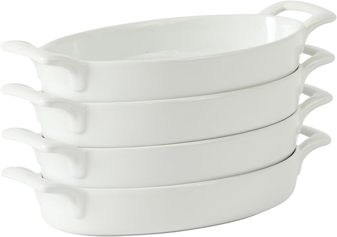Gibson Home Gracious Dining Oval Au Gratin Baking Dishes, 4-Piece Set – 15 oz Oven Safe Ceramic Small Casserole Dishes with Handles, Microwave & Dishwasher Safe Mini Bakeware, White