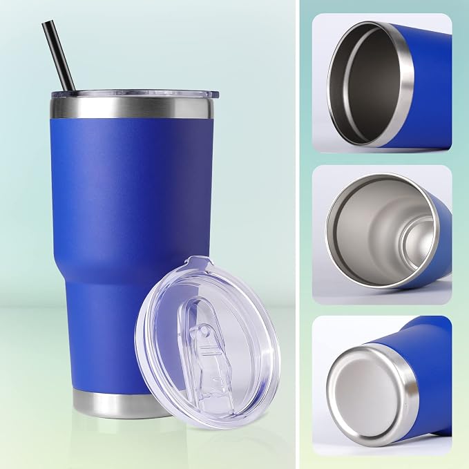 DOMICARE 30 oz Tumbler with Lid and Straw, Stainless Steel Tumblers Bulk, Insulated Vacuum Double Wall Travel Coffee Mug, Durable Powder Coated Tumbler Cups (Dark Blue, 12)