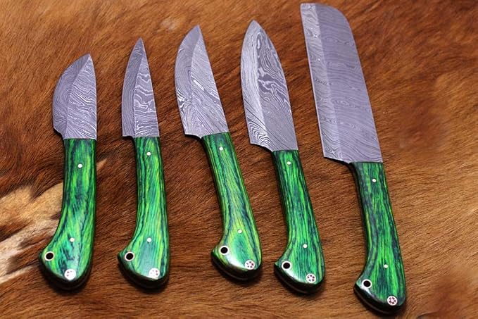 Custom Made Hand Forged Damascus Steel Full Tang Blade Kitchen Knife Set, Overall 40 inches Length of Damascus Sharp Knives (10.6+9.6+9.0+8.0+7.6) Inches, Leather Suede Sheath (2 Tone Green)