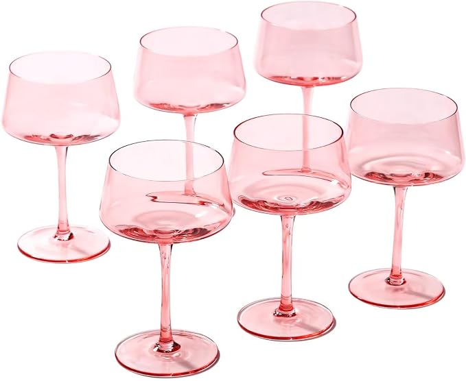 comfit Pink Coupe Glasses Set of 6-13 oz Large Capacity Martini Glassware - Versatile Tall Cocktail Glasses- Hand-Blown Colored Champagne Coupe Glass-Art Deco Cocktail Glasses Set-Wedding Gifts