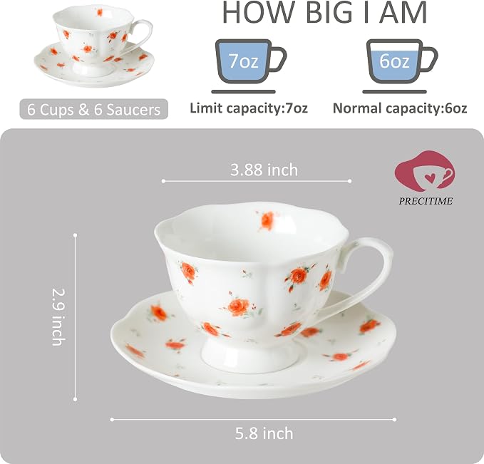 12-Piece Porcelain Tea Cup Set, 6 Cups & 6 Saucers with Classic Rose Pattern, Ceramic 6oz Scalloped Cups, Dishwasher & Microwave Safe