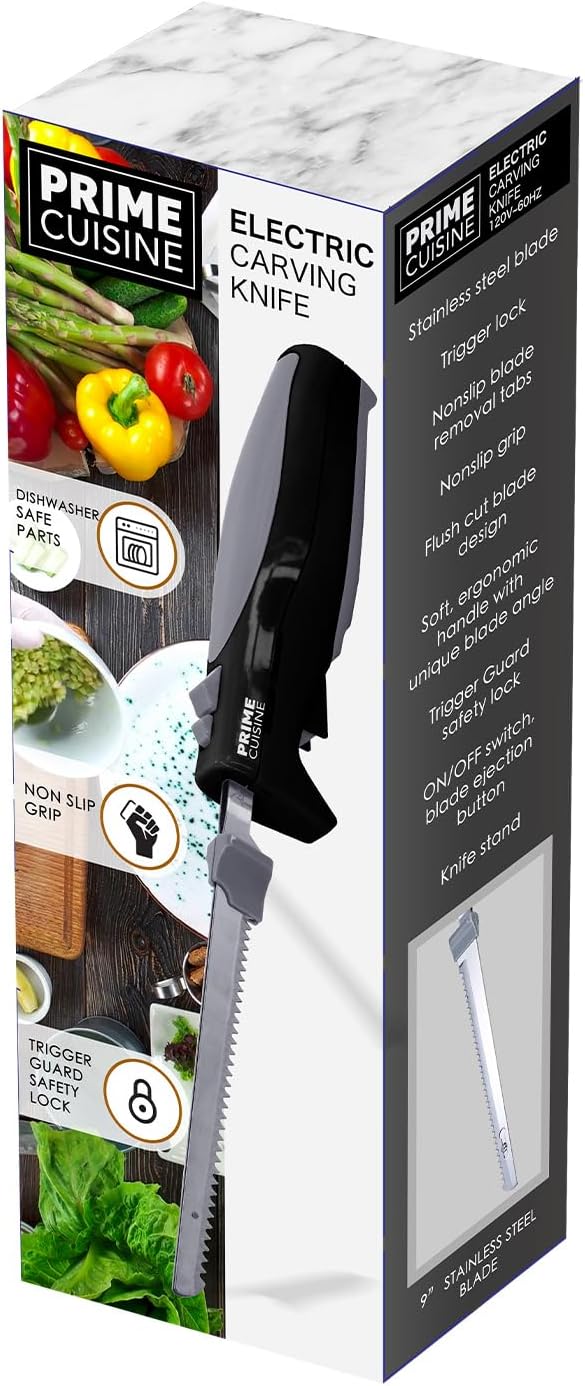 Electric Knife With Cord| 9" Stainless Steel Blade | Non-Slip Grip | Dishwasher Safe Parts | Trigger Lock Safety | Ergonomic Handle | Includes Knife Stand