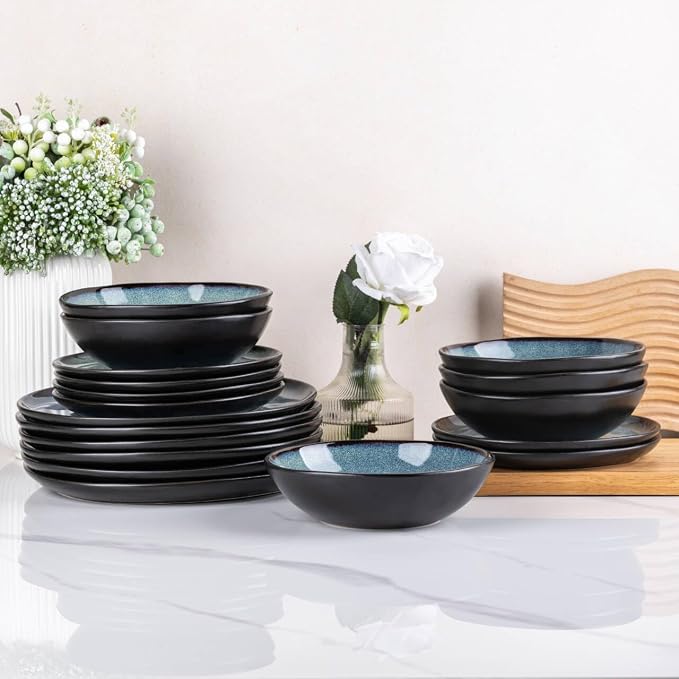 AmorArc Ceramic Dinnerware Sets,Handmade Reactive Glaze Stoneware Plates and Bowls Sets,Highly Scratch Resistant | Dishwasher & Microwave Safe Dishes Set,Service for 6 (18pc)