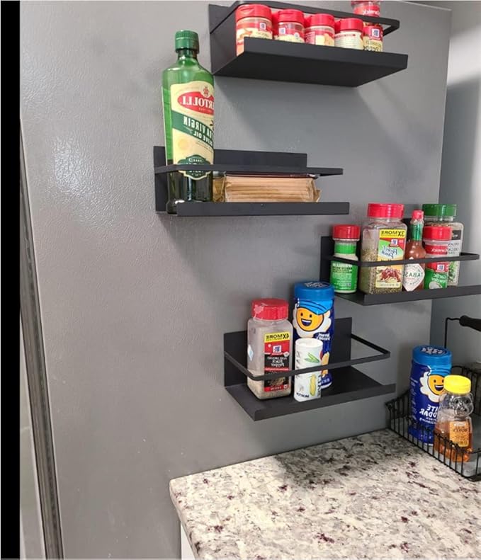 Magnetic Spice Rack Holder for Refrigerator Fridge Side Organizer Magnetic Shelf For Kitchen, Space Saver Container for Kitchen/Apartment, Drill free, Black，4 Pack
