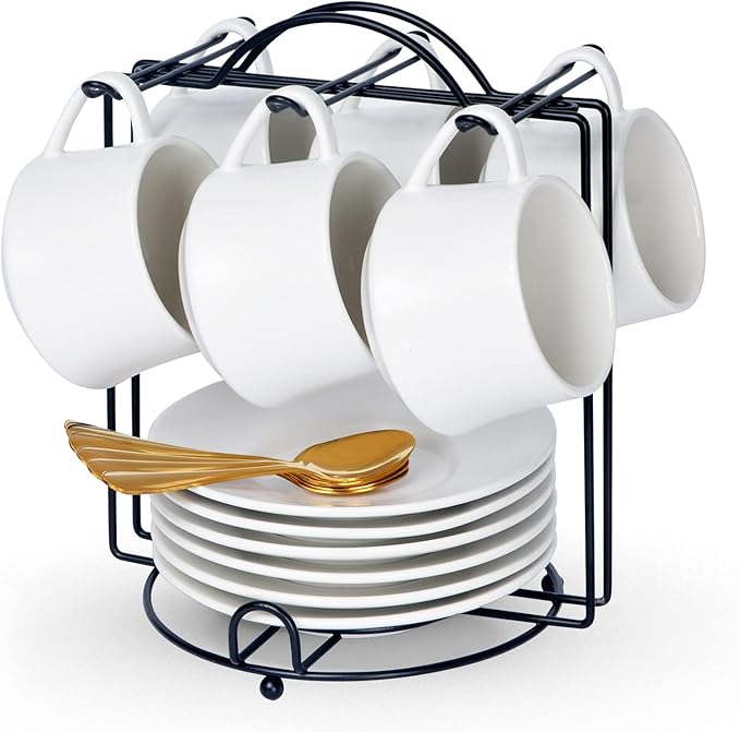 Lareina 7-Ounce Porcelain Cappuccino Cups Set of 6, Stackable Coffee Cups with Saucers, Spoons and Metal Stand-for Specialty Coffee Drinks, Cappuccino, Latte, Americano and Tea, White