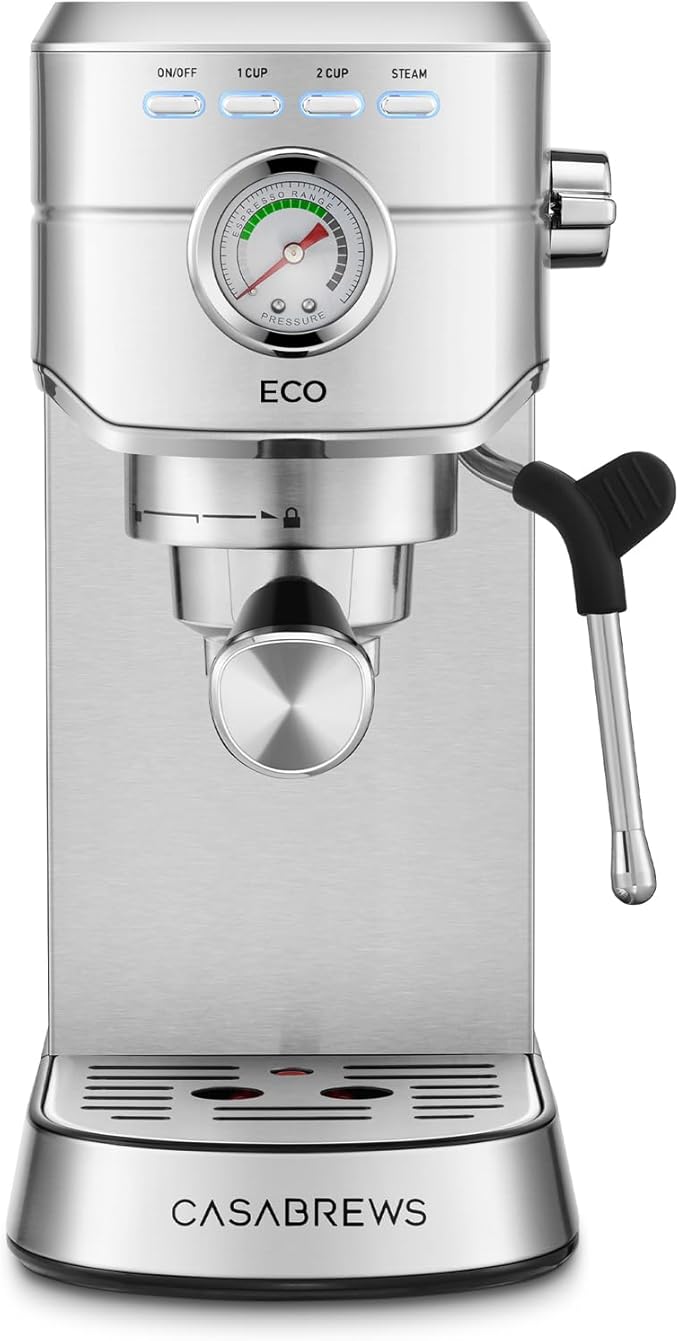 CASABREWS CM5418ECO PFAS-Free Espresso Machine with Milk Frother Steam Wand | Non-Toxic, Stainless Steel, 20-Bar, Built-in Pressure Gauge, Powerful Steam Wand for Cappuccino, Small, 34oz Water Tank