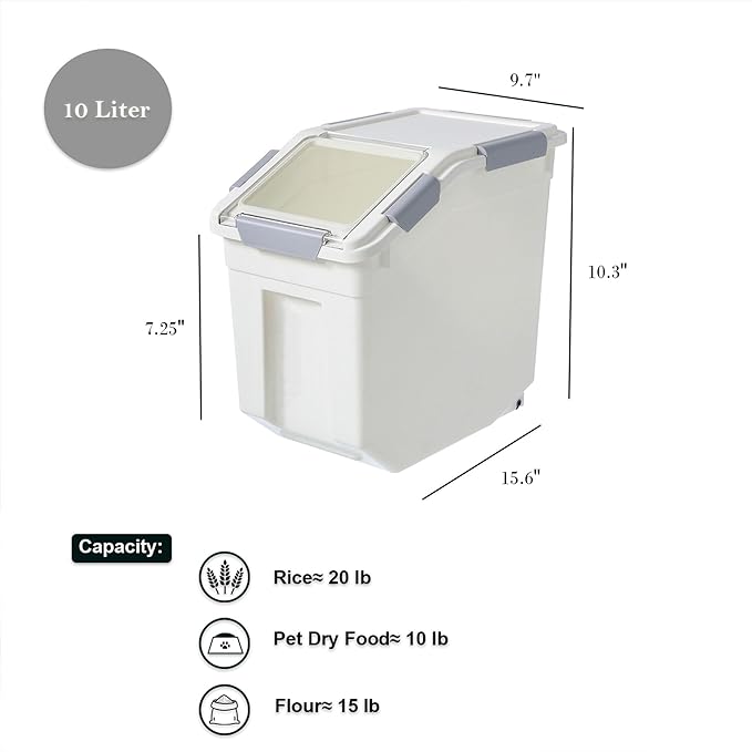 HANAMYA 10 Liter / 20 lbs Rice Storage Container with Measuring Cup, BPA free, For Rice | Grain | Pet Food | Flour, 2 count, White