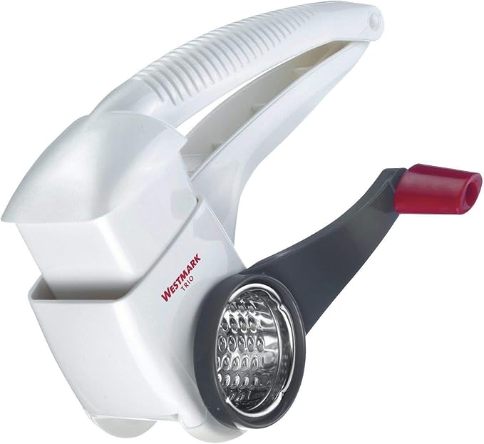 Westmark Multipurpose Rotary Cheese & Vegetable Grater Cutter Slicer Shredder with 3 Interchangeable Stainless Steel Drums (White)