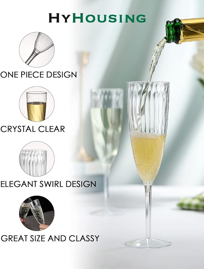 HyHousing 16 Pack Plastic Champagne Flutes, 6 Oz Clear Disposable Champagne Glasses with Long Stem, Elegant Toasting Flutes for Wedding Bridal Shower Brunch Mimosa Bar Party