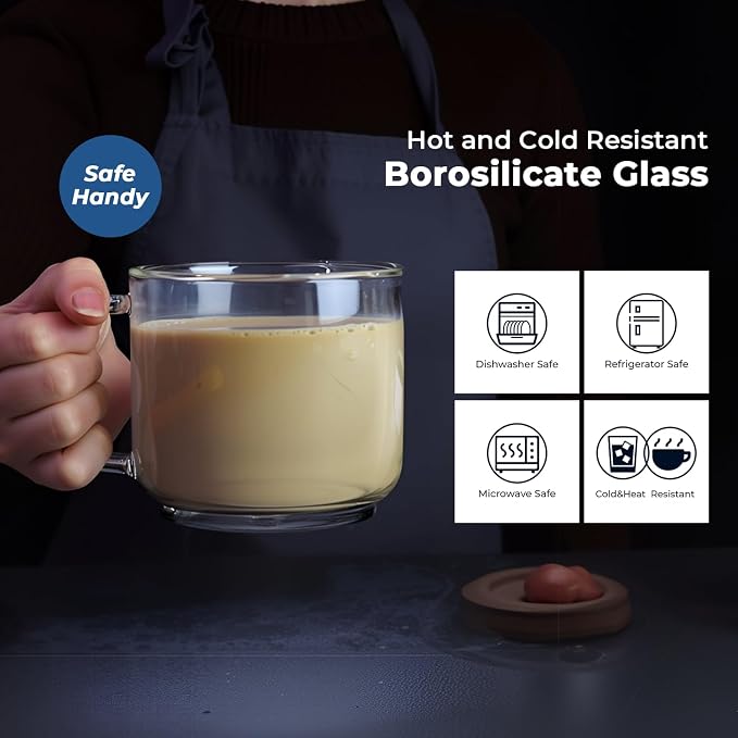 Aquach 18oz Glass Coffee Mugs Set of 2, Large Clear Borosilicate Cups | Dishwasher/Microwave Safe, Single-walled, Smooth Rim, Comfort Handle, Stable Thick Base, Large Capacity