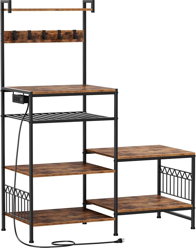 Portin Mini Fridge Stand Coffee Bar Cabinet with Power Outlet | 7 Tier Shelf with S-Hooks, Kitchen Bakers Rack, Fit microwave, toaster, kitchen utensils, and beverages, for Dorm,Office