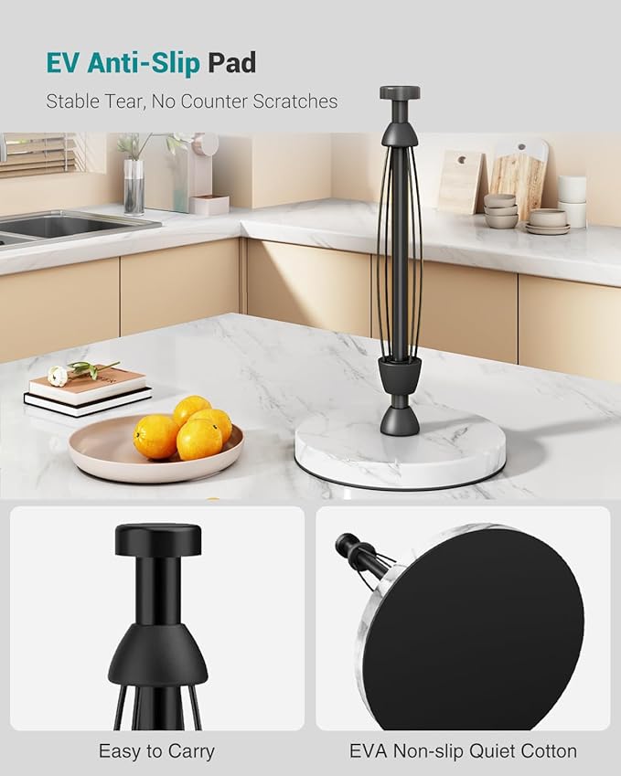 Paper Towel Holder Countertop, Marble Weighted Base, Glossy Black, One-Handed Tear, Freestanding Paper Towel Stand Rack with Ratchet Mechanism for Kitchen Toilet Bathroom Essentials Decor Accessories