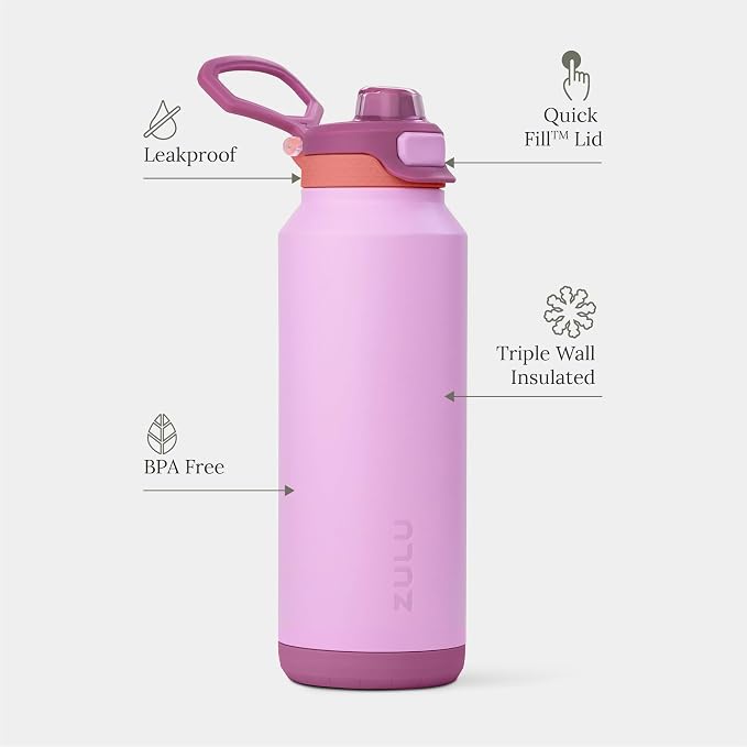 ZULU Powerfill Pro 40oz Stainless Steel Water Bottle with Quick Fill Lid, Triple Walled Vacuum Insulated Metal, Leak Proof Locking Lid, Sip and Chug, Reusable BPA Free, Sherbert