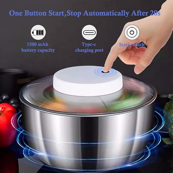 Automatic Electric Salad Spinner, 5L Type-C Rechargeable Lettuce Spinner Stainless Steel Salad Rotator Lettuce Washer and Spinner Dryer for Salad Greens, Lettuce, Fruits and Vegetables