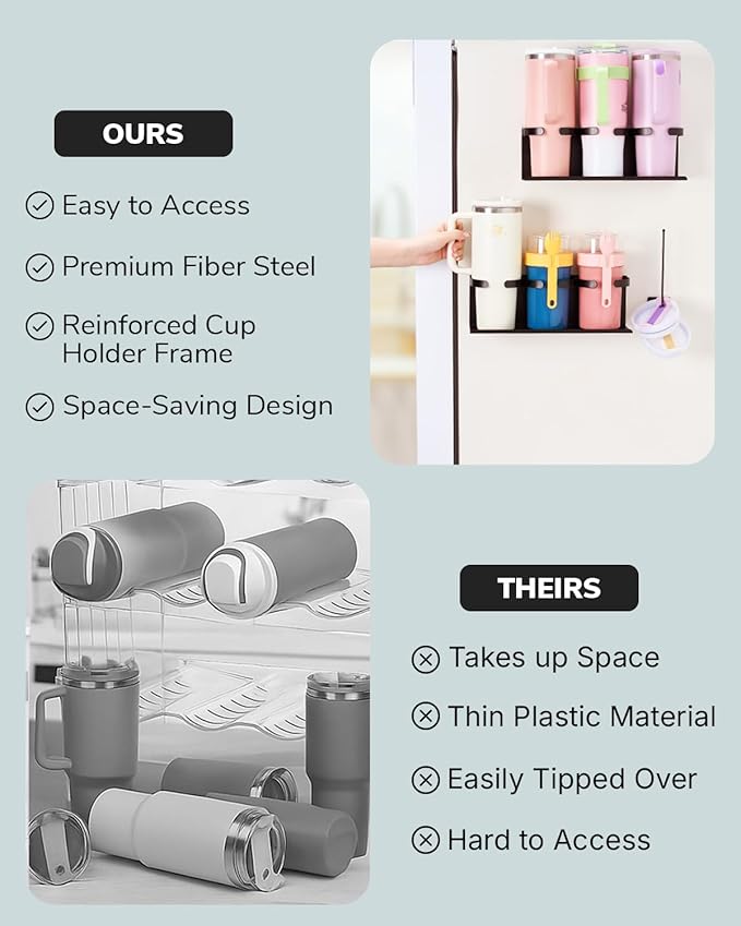 HAMARA Fiber Steel Magnetic Stanley Cup Holder for Fridge – 3-Pack Tumbler & Lid Organizer, Heavy-Duty Water Bottle Storage, Kitchen & Pantry Organizer for Stanley Cup Accessories (Black)