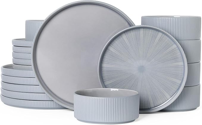 Dinnerware Sets, Ceramic Plates and Bowls Set 18 Piece Dinnerware for 6 Chip Resistant Stoneware with Advanced Inkjet Printing Technology, Dishwasher and Microwave Safe-Smoky Blue