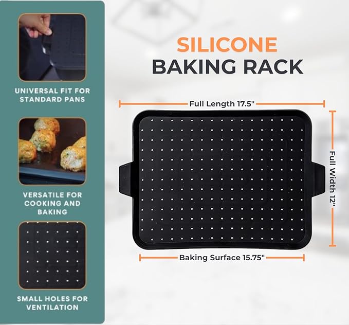 Baking & Splatter Screen for Frying Pan Beckon Ware | USA Brand | 17.5 x 12 Inch, Black, Multi-Use Silicone Baking Rack for Oven, and Stove – Grease Splash Guard, Baking Supplies, Pastry Sheet
