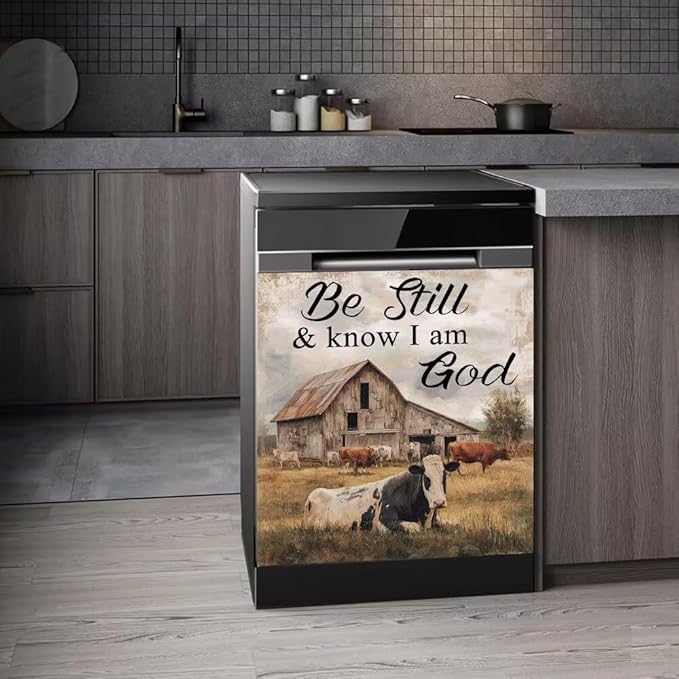 Farmhouse Cow Magnetic Dishwasher Cover,Wood Grain Front Door Dishwasher Magnetic Cover,Washing Machine Magnet Cover Decor Keep Quiet and Know I Am God Text Panel Decal,23"x26"