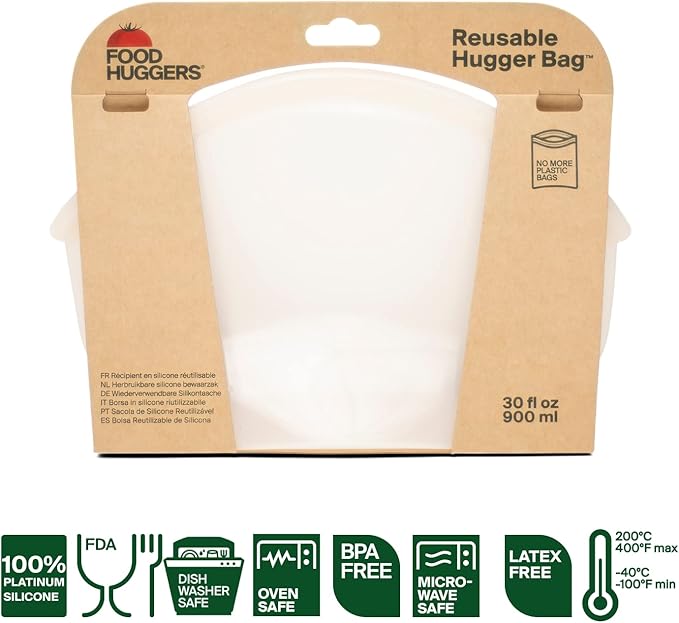 Food Huggers Hugger Bags Silicone Reusable Lunch & Snack Bag Durable Storage, BPA Free, Dishwasher & Freezer Safe, Stand-Up Resealable Produce Pouch | Large 30 fl oz, Clear (Pack of 2)