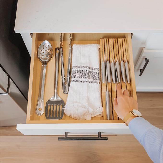 KitchenEdge Bamboo Kitchen Knife Block Holder Organizer - Holds 5 Long + 6 Short Knives (Not Included), Fits Most Knife Sizes, Rubber Feet, Sustainable Bamboo, In-Drawer Design (Pack of 2)