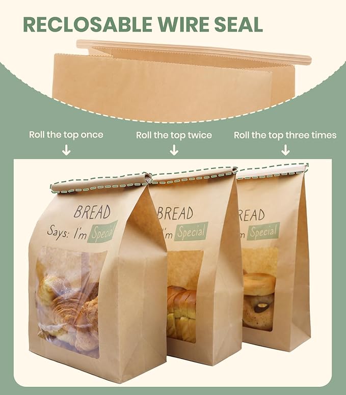 100 Pack Resealable Sourdough Bread Bags with Tabs for Gifting Round Loaf | Bulk Kraft Paper Homemade Sour Dough Gift Giving Bag with Window | Large Brown Bakery Baked Goods Packaging 13.6x8.3x4.1in