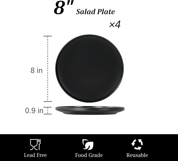 Ceramic Salad & Dessert Plates Set, 8 Inch, Set of 4, Modern Black | Stoneware, Dishwasher & Microwave Safe, Small Dinner Plates, For Cake, Fruits, Waffle, Pasta, Salad