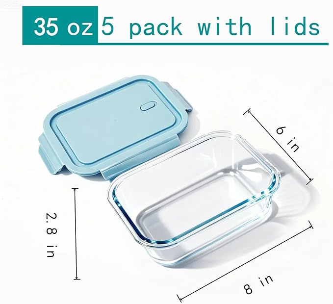 5Pack (35oz with Lunch Bag) Glass Food Storage Containers with Lids for Kitchen Meal Prep, Fridge Organization, Lunch Box