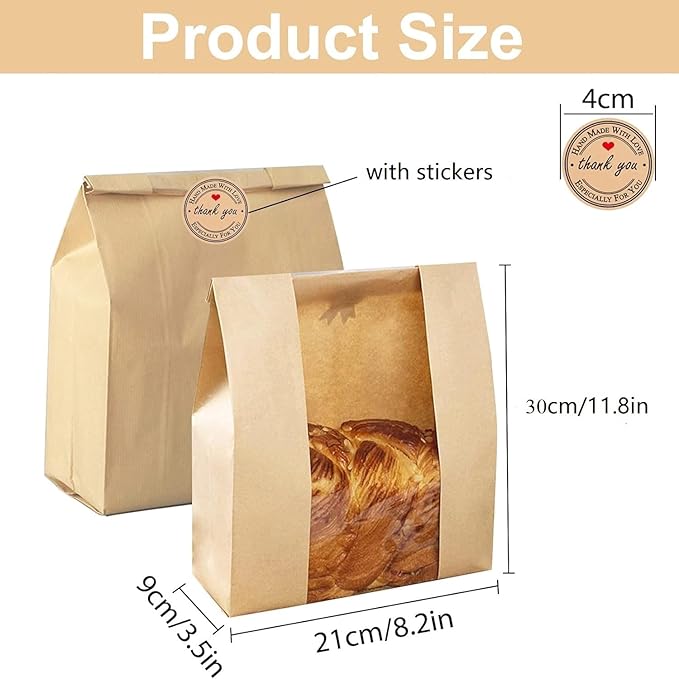 Large Paper Bread Bags for Homemade Sourdough-Bread Packaging Bag for Gifting, Label Seal Sticker Included Pack of 25(11.8x8.2x3.5 inch)